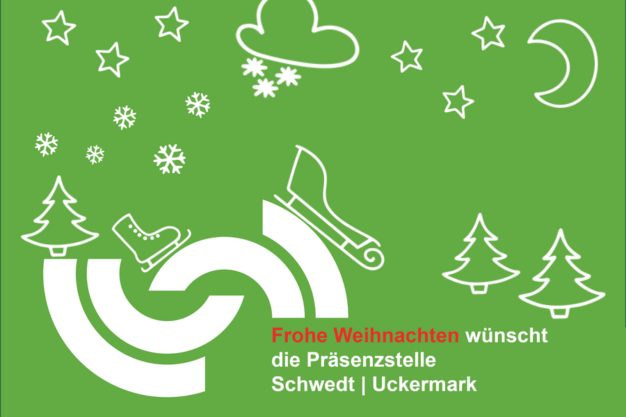Die Weihnachtskarte hat einen grünen Hintergrund. Das Logo der Präsenzstelle Schwedt l Uckermark ist zu erkennen. Rundherum befinden sich winterliche und weihnachtliche Motive.