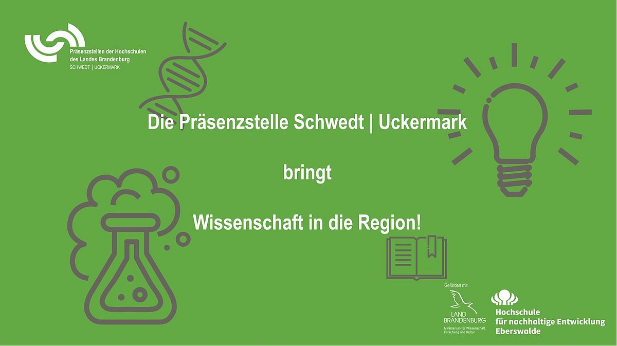 Vor grünem Hintergrund und wissenschaftlichen Symbolen steht "Die Präsenzstelle Schwedt l Uckermark bringt Wissenschaft in die Region". Oben links ist das Logo der Präsenzstelle. Unten rechts das Logo der HNE Eberswalde und das Förderlogo des Landes Brandenburg.